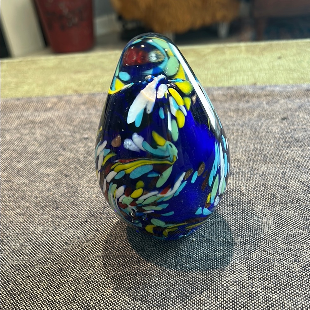 Cobalt Blue Glass Egg Shaped Paperweight Psychedelic Art Glass Egg